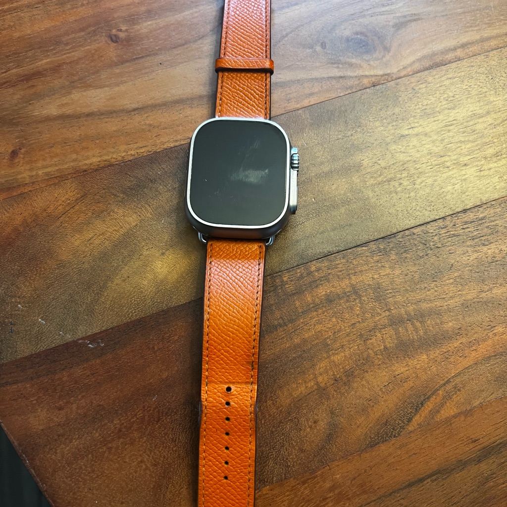 Hermes Large 49mm Apple Watch Band-Orange Leather Band W/ Silvr Buckle- No Watch